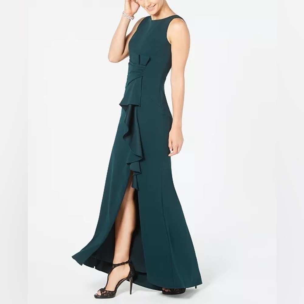 Betsy & Adam Pine Green Sleeveless Ruffle Detail Gown Maxi Dress sz 14